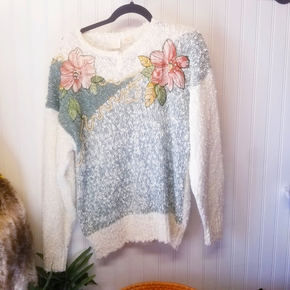 Vintage Sweaters - Vintage Floral Chunky Pearl Two Tone Sweater Sz L